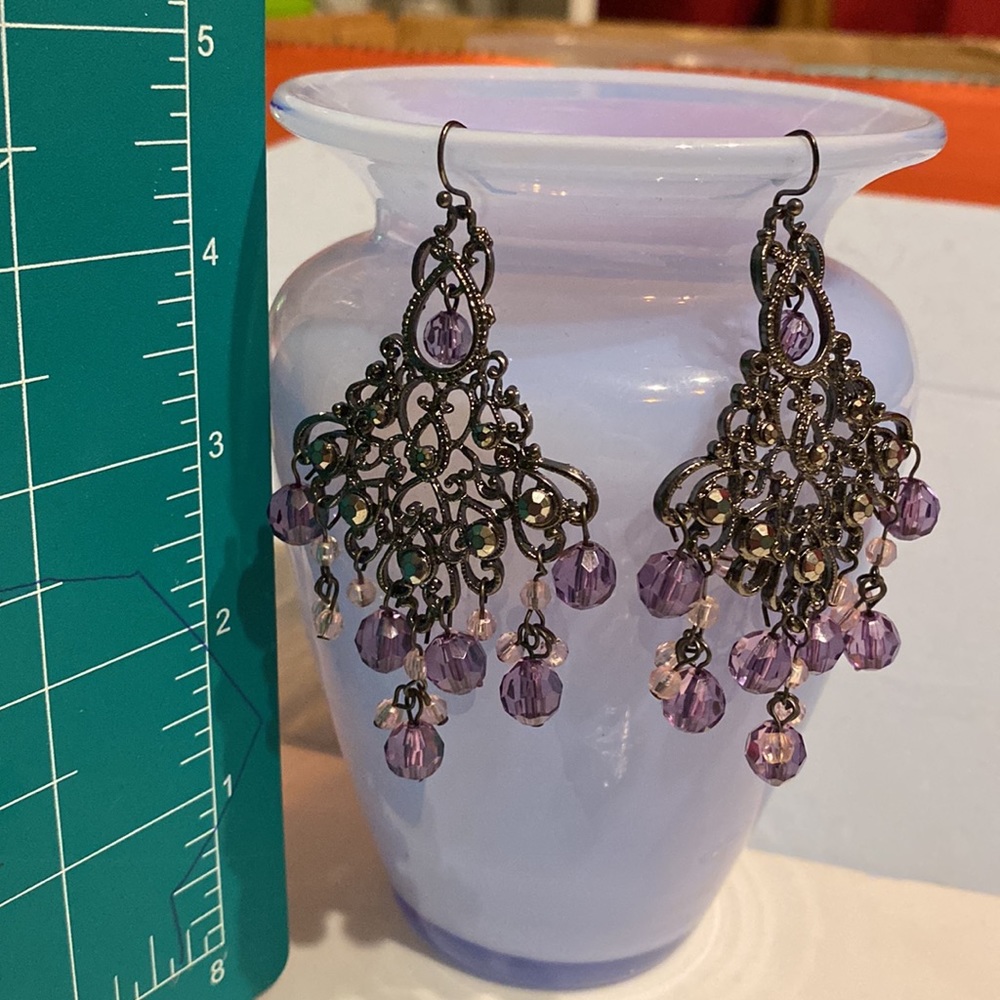 Chandelier dangle earrings pierced hook purple & silver/dark 3”